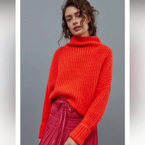 Anthropologie Maeve Athena Cowl Neck Sweater Orange Wool Blend Oversized - Picture 1 of 6